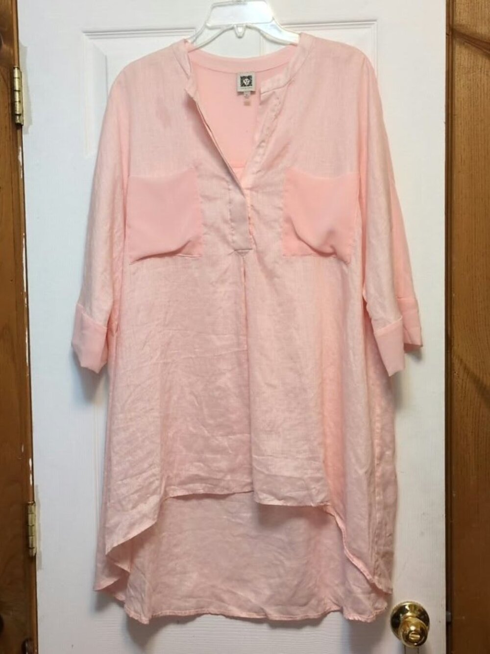 Anne Klein Pink Linen Tunic Top High Low Blouse Lagenlook Coastal Size XL Sheer